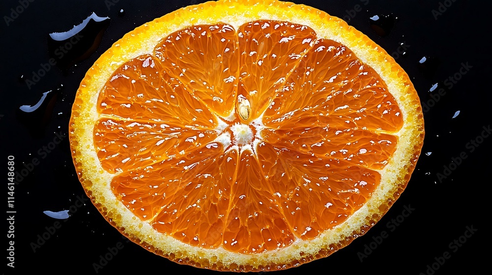 Juicy orange slice with vibrant pulp texture on a black background Juicy orange slice with vibrant pulp texture on a black background
