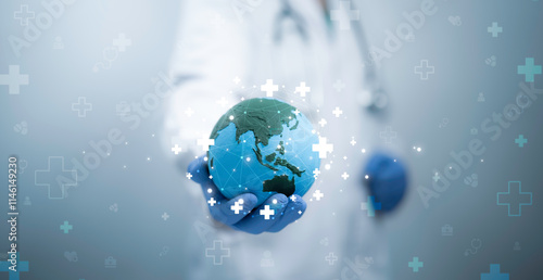 Doctor holding  glowing globe in hand with a medical theme background, symbolizing global healthcare and innovation. Perfect for representing international medical services or global health solutions photo