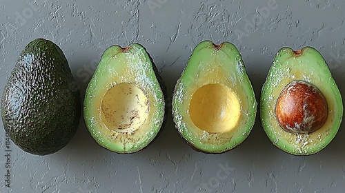 Ripe green avocado cut open to show creamy texture with the pit intact on a gray background photo