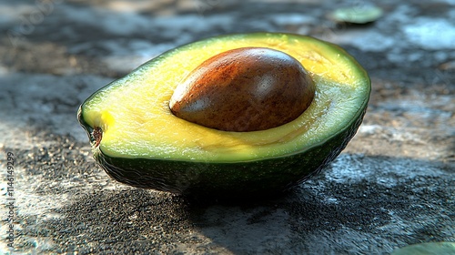 Ripe green avocado cut open to show creamy texture with the pit intact on a gray background photo