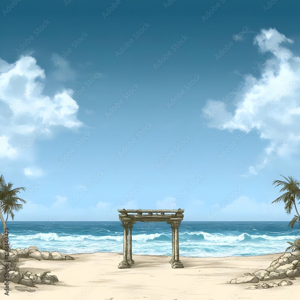 Tropical Beach Illustration: Ancient Ruins Seascape Tropical Beach Illustration: Ancient Ruins Seascape