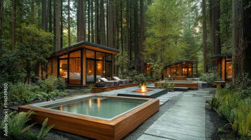 Secluded Wooden Cabins with Hot Tubs,  Architecture in Tranquil Forest Setting, for Relaxation and Privacy