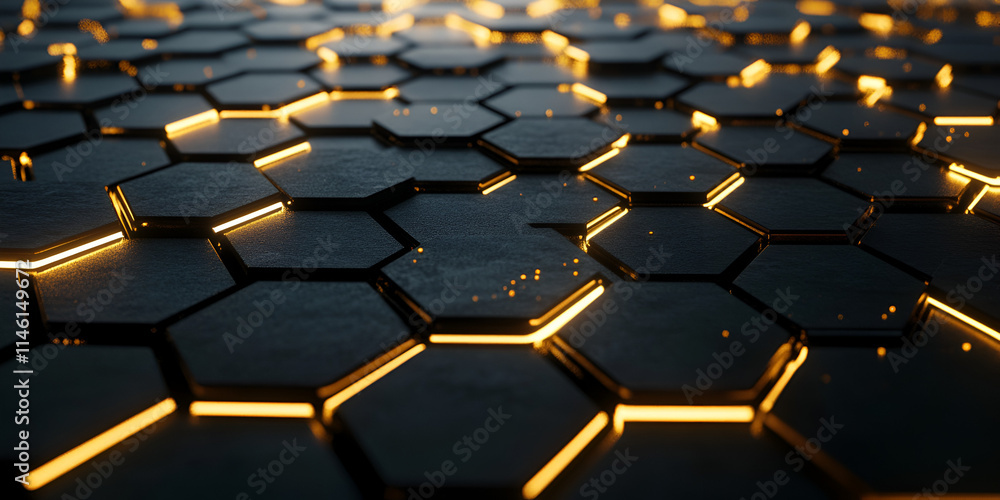 Abstract Glowing Hexagonal Grid with Golden Highlight Abstract Glowing Hexagonal Grid with Golden Highlight