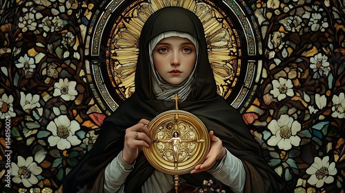 Saint Clare of Assisi depicted in a stunning stained-glass style, holding the golden monstrance with a serene expression, radiant golden and white light illuminating her figure,
