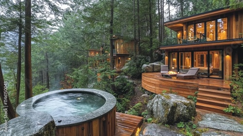 Luxurious mountain retreat,  glass architecture, open-air design, hot tub, sloped terrain