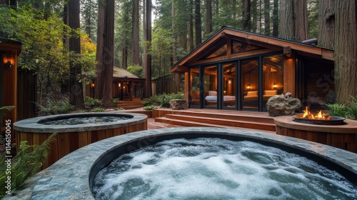 Luxurious Outdoor Space, Dusk, Hot Tub, Wooden Deck, Fire Pit,  Lodge, Forested Background, Relaxation