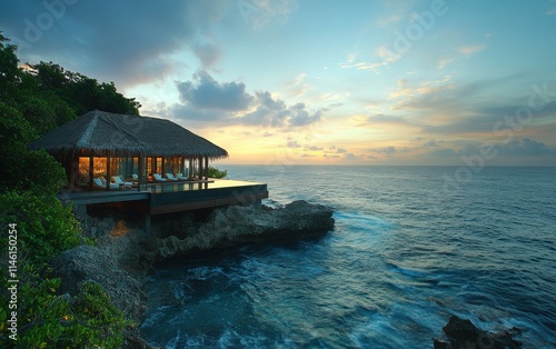 Overwater Villa with Infinity Pool at Tropical Sunrise or Sunset, Cliffside Location