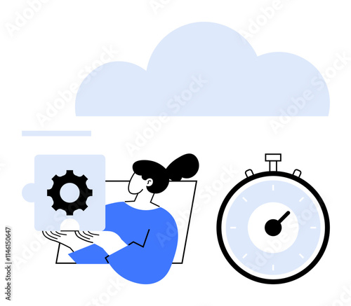 Cloud person holding gear puzzle piece large stopwatch. Ideal for cloud storage, technology, time management, efficiency, integration, teamwork, innovation. Line metaphor