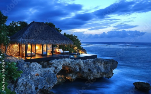 Overwater Bungalow at Sunset, Thatched Roof with Patio Furniture in Clear Water and Natural Cliffs Backdrop, Suitable for Travel or Lifestyle Advertising