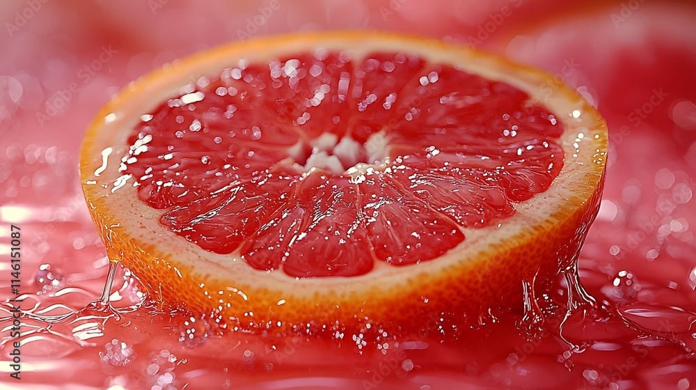 Ultra-realistic grapefruit wedge with juice dripping onto a glass surface Ultra-realistic grapefruit wedge with juice dripping onto a glass surface