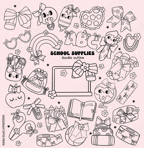 Groovy Back to School doodle outline Clipart Cute Coquette School Supplies with Bow bold lined Hand Drawn set