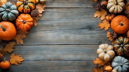 Autumn corner border banner with pumpkins and fall decorations on rustic wood background, ideal for seasonal designs and copy space