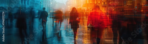 Blurred image of people walking down a city street at sunset