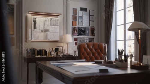 Wallpaper Mural A fashion designer office with elegant furniture, a large drafting table, fabric swatches, and sketches on the wall, captured in 4K detail Torontodigital.ca