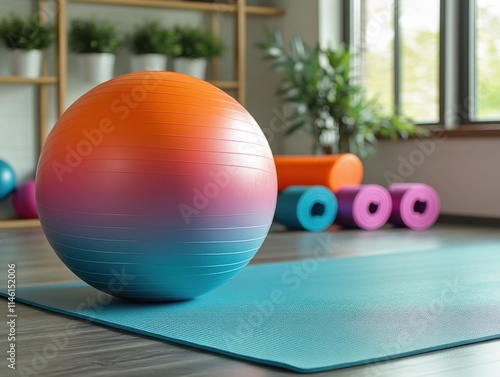 Stability Ball, Orange-Teal Exercise Equipment,  Fitness Room with Natural Light, Ready for Workout