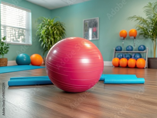 Pink and Red Balance Ball, Wood Floor Gym Setting for Core Exercise