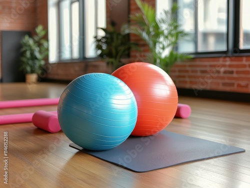 Exercise Balls, Large Colorful Spheres, Gray Yoga Mat, Red Blue Exercise Machine, Indoor Gym Setting