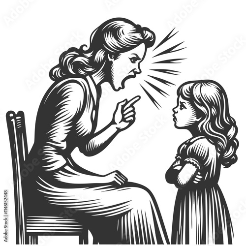 angry mother scolding her sad daughter, capturing emotion and tension in a vintage style sketch engraving generative ai vector illustration. Scratch board imitation. Black and white image.