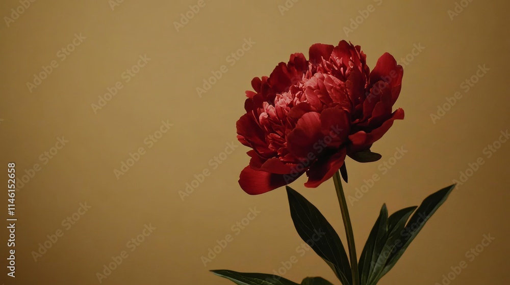 A solitary deep red peony isolated against a muted gold background, close-up shot, Minimalist style A solitary deep red peony isolated against a muted gold background, close-up shot, Minimalist style