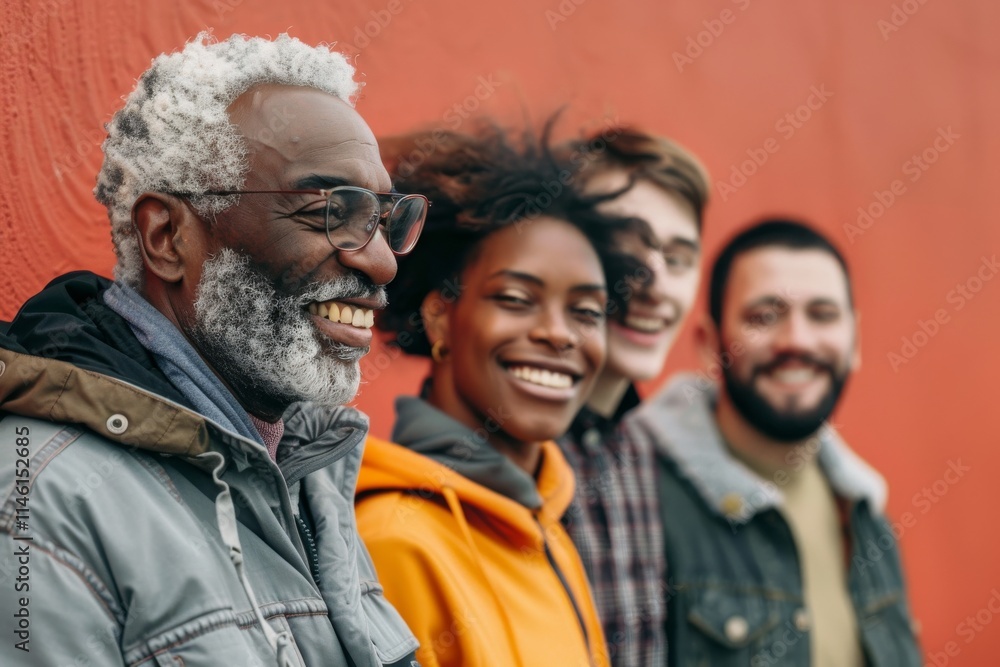happy african american man in eyeglasses looking at camera near multicultural friends happy african american man in eyeglasses looking at camera near multicultural friends