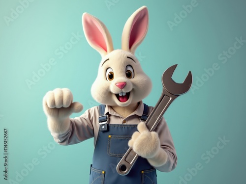 Easter bunny mechanic holding wrench and pointing down