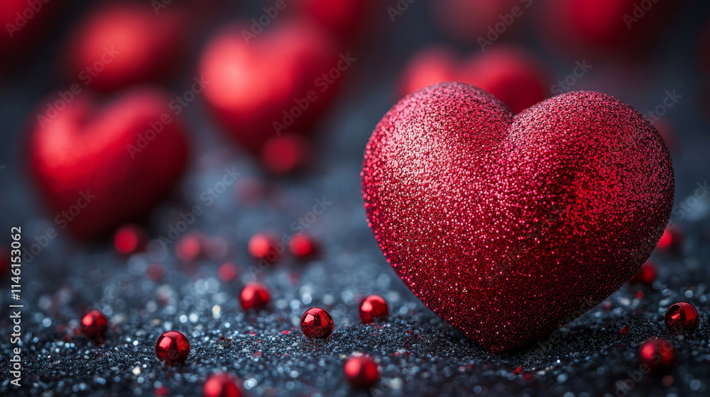 A large red shiny heart located in the center, against a background of blurred small red hearts and a shiny dark background. A large red shiny heart located in the center, against a background of blurred small red hearts and a shiny dark background.