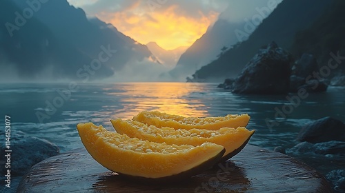 Best-quality 8K image of a whole ripe papaya sliced lengthwise with seeds exposed on a wooden cutting board photo