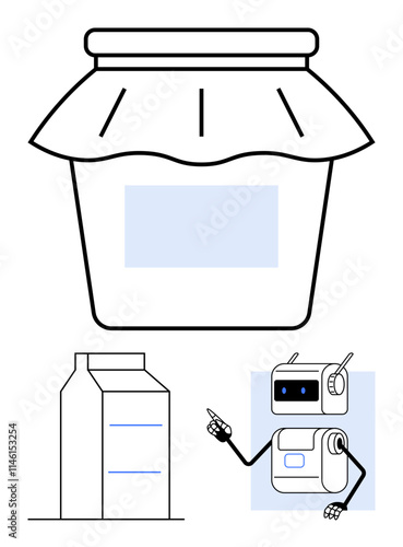 Jar with cloth cover milk carton, robot with smiling face and blue eyes. Ideal for themes thumbs up tradition, modern, communication, technology, contrast, connection, childhood. Line metaphor