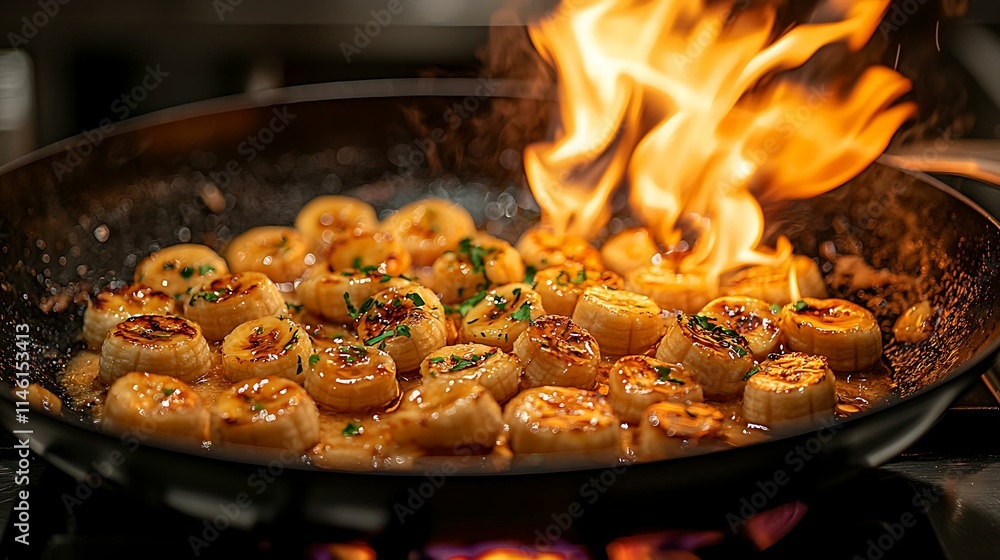 Best-quality 8K professional chef flambéing bananas in a skillet for a dramatic Bananas Foster preparation Best-quality 8K professional chef flambéing bananas in a skillet for a dramatic Bananas Foster preparation