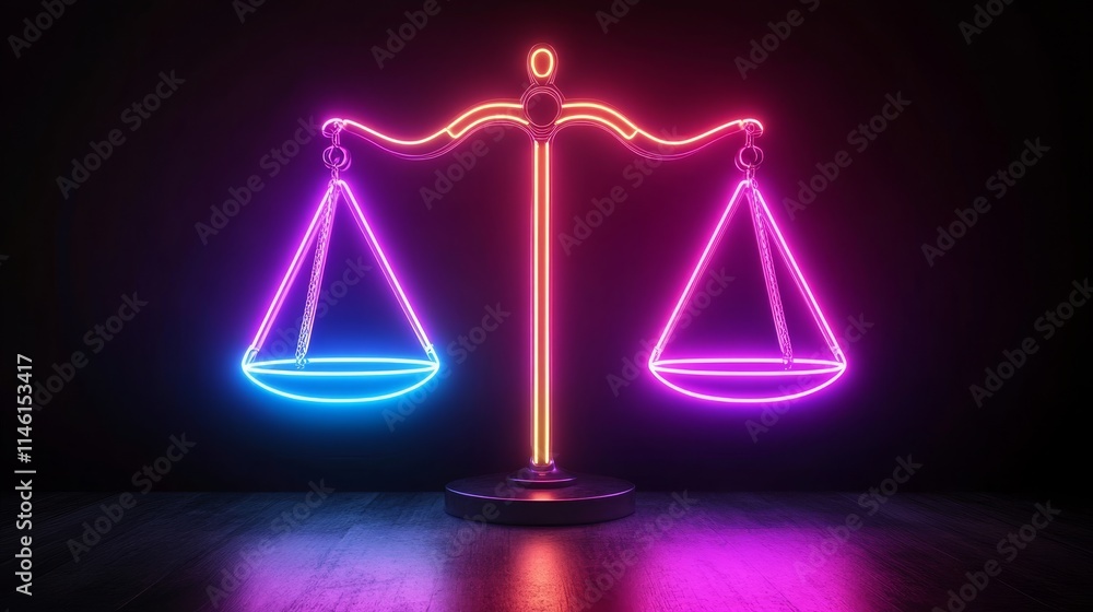Vibrant Neon Glowing Scales of Justice Symbol on Dark Background, Legal and Justice System Concept Vibrant Neon Glowing Scales of Justice Symbol on Dark Background, Legal and Justice System Concept