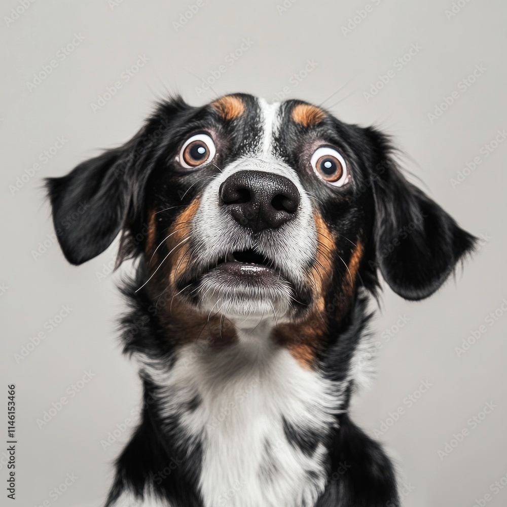 Surprised dog with wide eyes and floppy ears against gray background Surprised dog with wide eyes and floppy ears against gray background