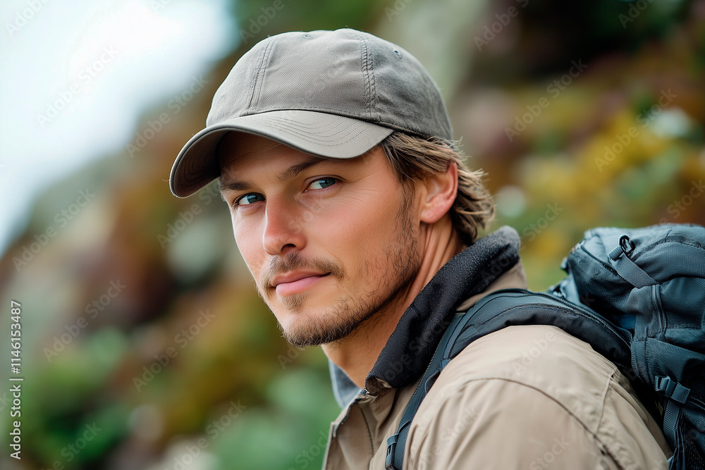 a man wearing gray baseball cap for hiking a man wearing gray baseball cap for hiking