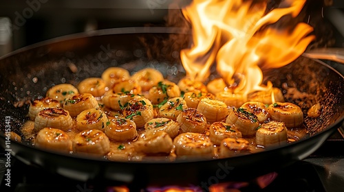 Best-quality 8K professional chef flambÃ©ing bananas in a skillet for a dramatic Bananas Foster preparation photo