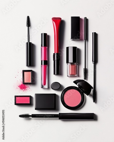 A minimalist arrangement of various makeup products--blush, mascara, and lipsticks--against a white backdrop, captured in stunning 4K to emphasize the product's vibrant colors and sleek design photo