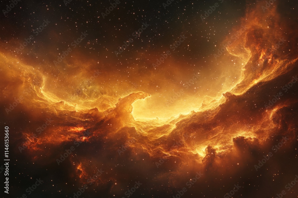 Obraz premium A mesmerizing cosmic landscape featuring illuminated fiery cloud masses, reflecting the grandeur and boundless energy of the universe's celestial phenomena.