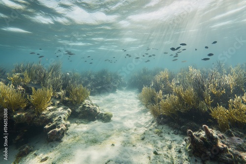 A sun-drenched underwater scene with diverse corals and fish, alongside seaweed growth waving in tranquil waters, creating a serene and lively marine tableau. photo