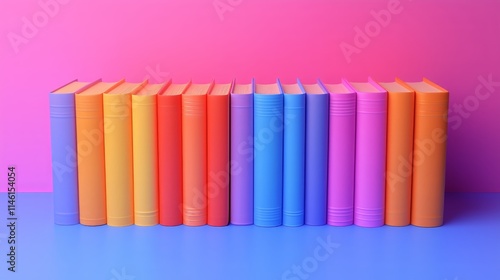Vibrant row of colorful books against pink and blue gradient background