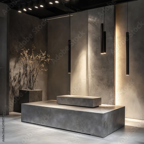 Concrete Podium with Industrial Lighting and Bold Product Display photo