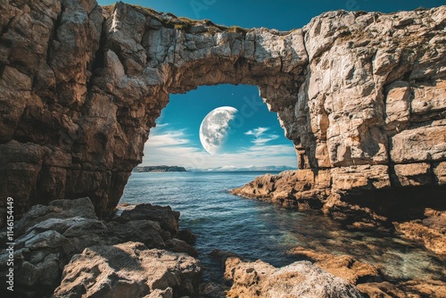 A magnificent visual of the moon set perfectly within a rock arch, overlooking a calm sea, capturing the ethereal beauty of the natural world in timeless style.