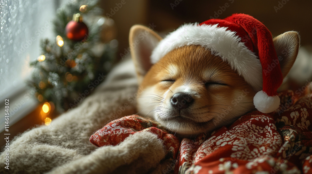 Christmas eve rest: dog in santa hat and knit blanket. Sleeping dog in holiday decor. Christmas eve rest: dog in santa hat and knit blanket. Sleeping dog in holiday decor.
