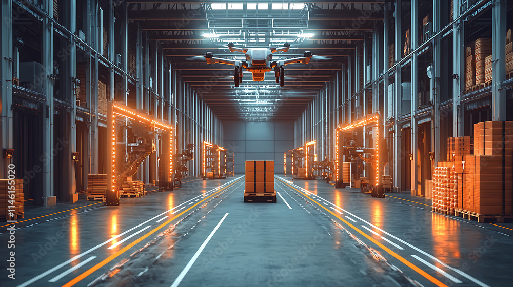 Fototapeta premium advanced autonomous warehouse with drones and robotic systems