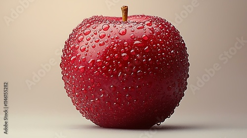Fresh red apple with water droplets on a plain white background