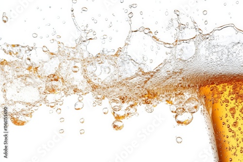 Close-up of bubbles rising through transparent amber liquid, showcasing the refreshing and effervescent qualities, perfectly suitable for beverage marketing and advertising.