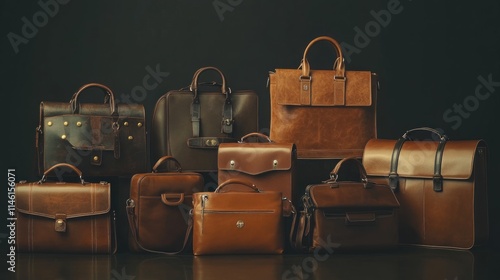 A studio shot of leather bags in various shapes and sizes, including satchels and crossbody bags, elegantly arranged on a dark surface with professional lighting, photographed in 4K photo