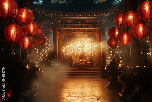 A serene temple setting is beautifully illuminated by red lanterns, creating a warm and sacred ambiance that invites reflection and cultural appreciation. photo