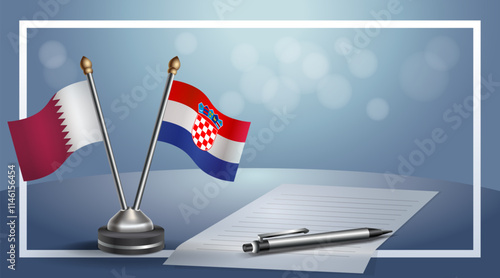 Qatar and Croatia National flags on small table with bokeh background, cooperative relationship
