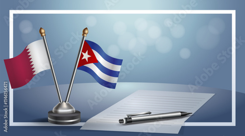 Qatar and Cuba National flags on small table with bokeh background, cooperative relationship