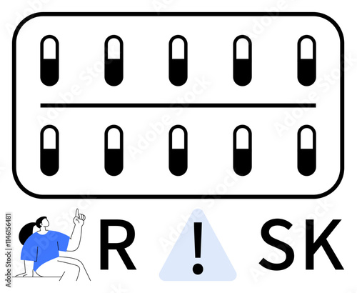 Capsules in a blister pack, with RISK spelled out below, while a person points to a warning triangle. Ideal for healthcare, medication safety, risk management, caution signs, pharmaceutical industry