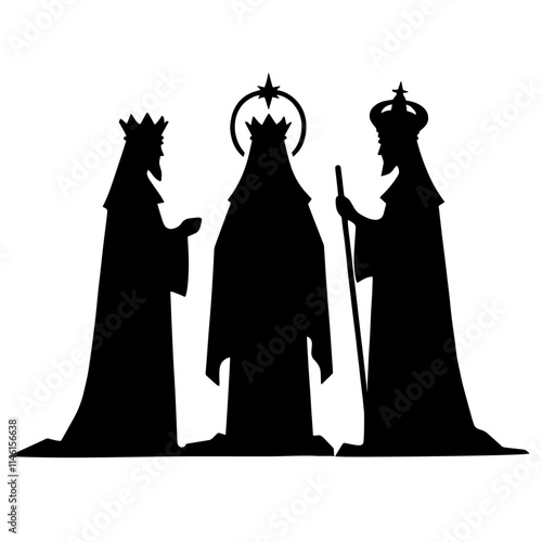 This vector illustration features three kings in black silhouettes. Perfect for celebrating the holiday Epiphany. A striking design that captures the essence of this special occasion.