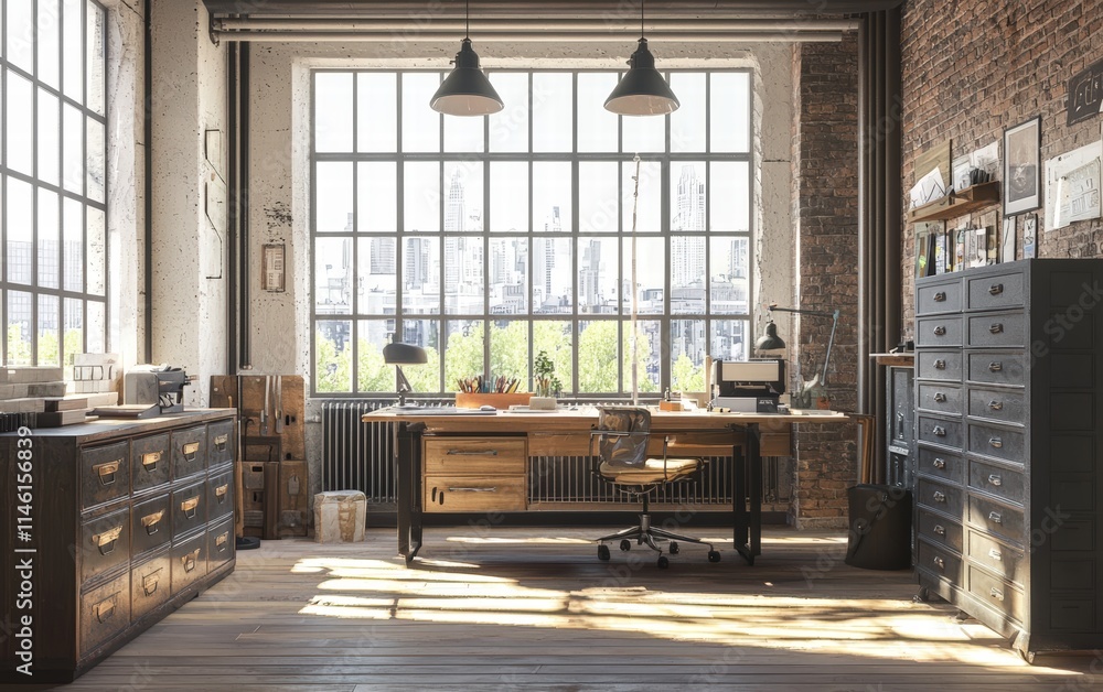 A bright loft workspace with a wooden desk, metal storage units, and large windows A bright loft workspace with a wooden desk, metal storage units, and large windows